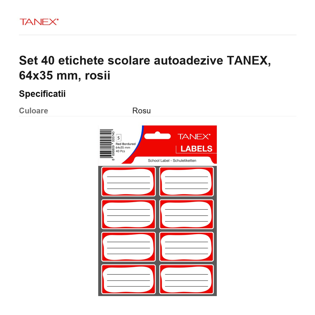 Set 40 etichete scolare autoadezive TANEX, 64x35 mm, rosii [3]