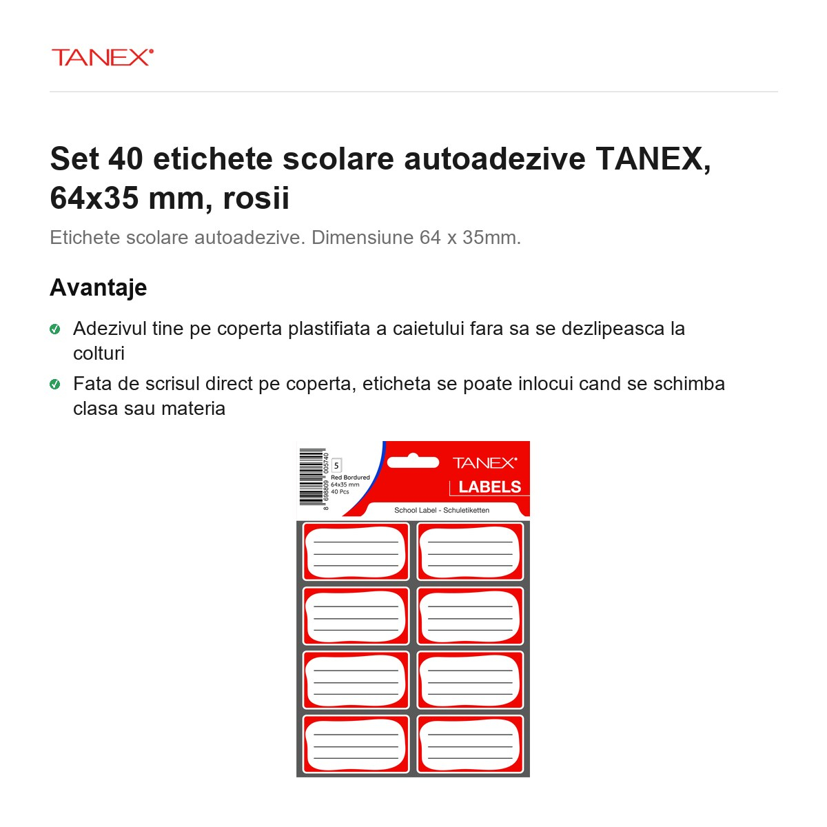 Set 40 etichete scolare autoadezive TANEX, 64x35 mm, rosii [2]