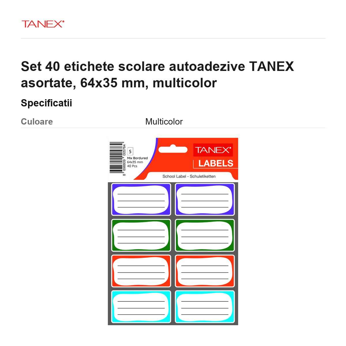 Set 40 etichete scolare autoadezive TANEX asortate, 64x35 mm, multicolor [3]