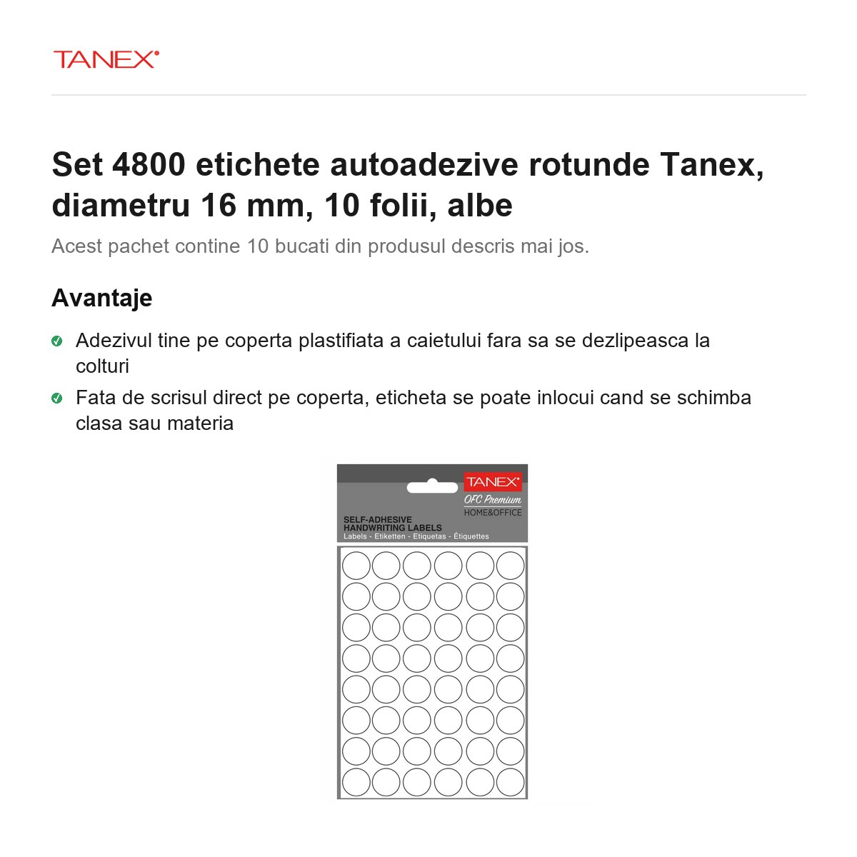 Set 4800 etichete autoadezive rotunde Tanex, diametru 16 mm, 10 seturi, albe [2]
