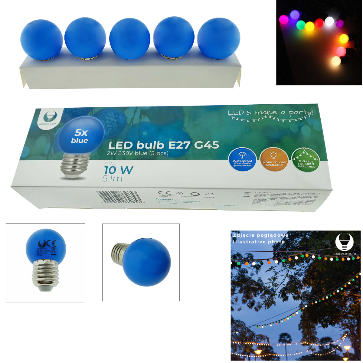 Set 5 becuri LED, E27 G45, Forever Light 86285, 2W, unghi larg de 360°, albastre [3]