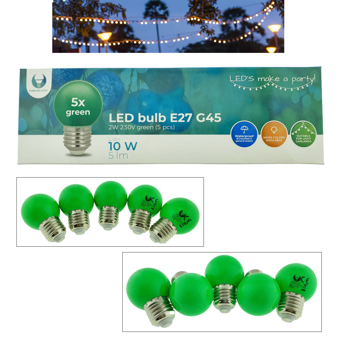 Set 5 becuri LED, E27 G45, Forever Light 92945, 2W, unghi larg de 360°, verzi [5]