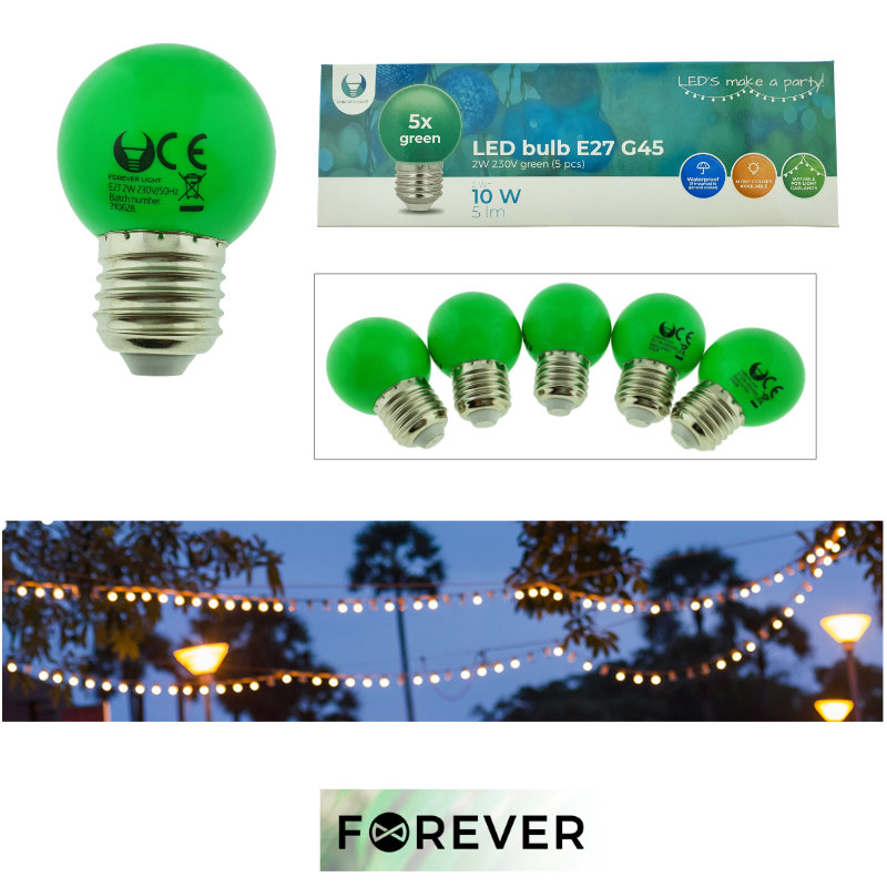 Set 5 becuri LED, E27 G45, Forever Light 92945, 2W, unghi larg de 360°, verzi [6]