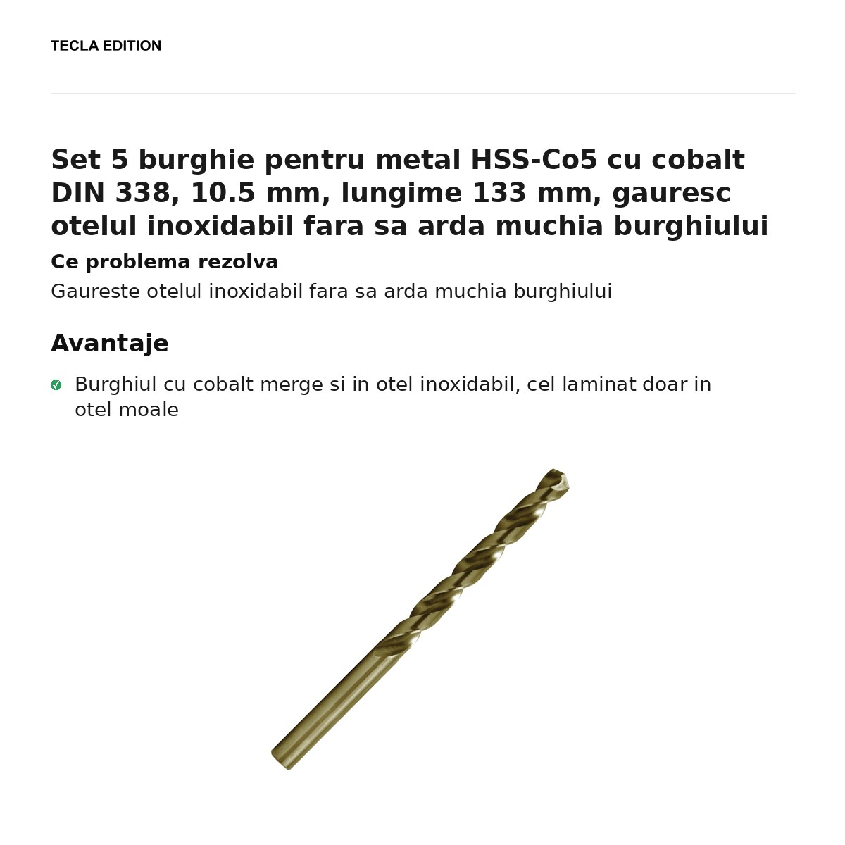 Set 5 burghie pentru metal HSS-Co5 cu cobalt DIN 338, 10.5 mm, lungime 133 mm, gauresc otelul inoxidabil fara sa arda muchia burghiului [2]