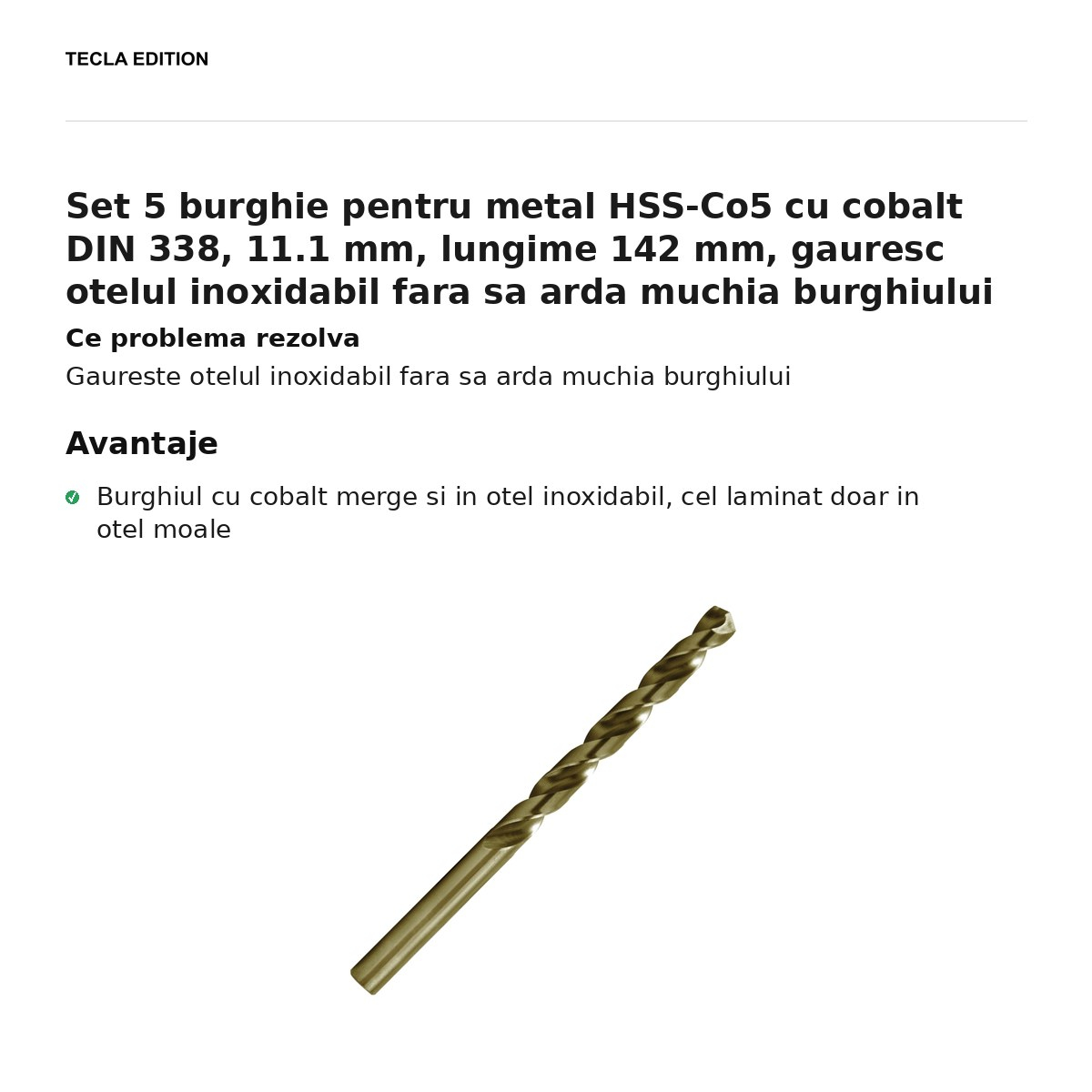 Set 5 burghie pentru metal HSS-Co5 cu cobalt DIN 338, 11.1 mm, lungime 142 mm, gauresc otelul inoxidabil fara sa arda muchia burghiului [2]