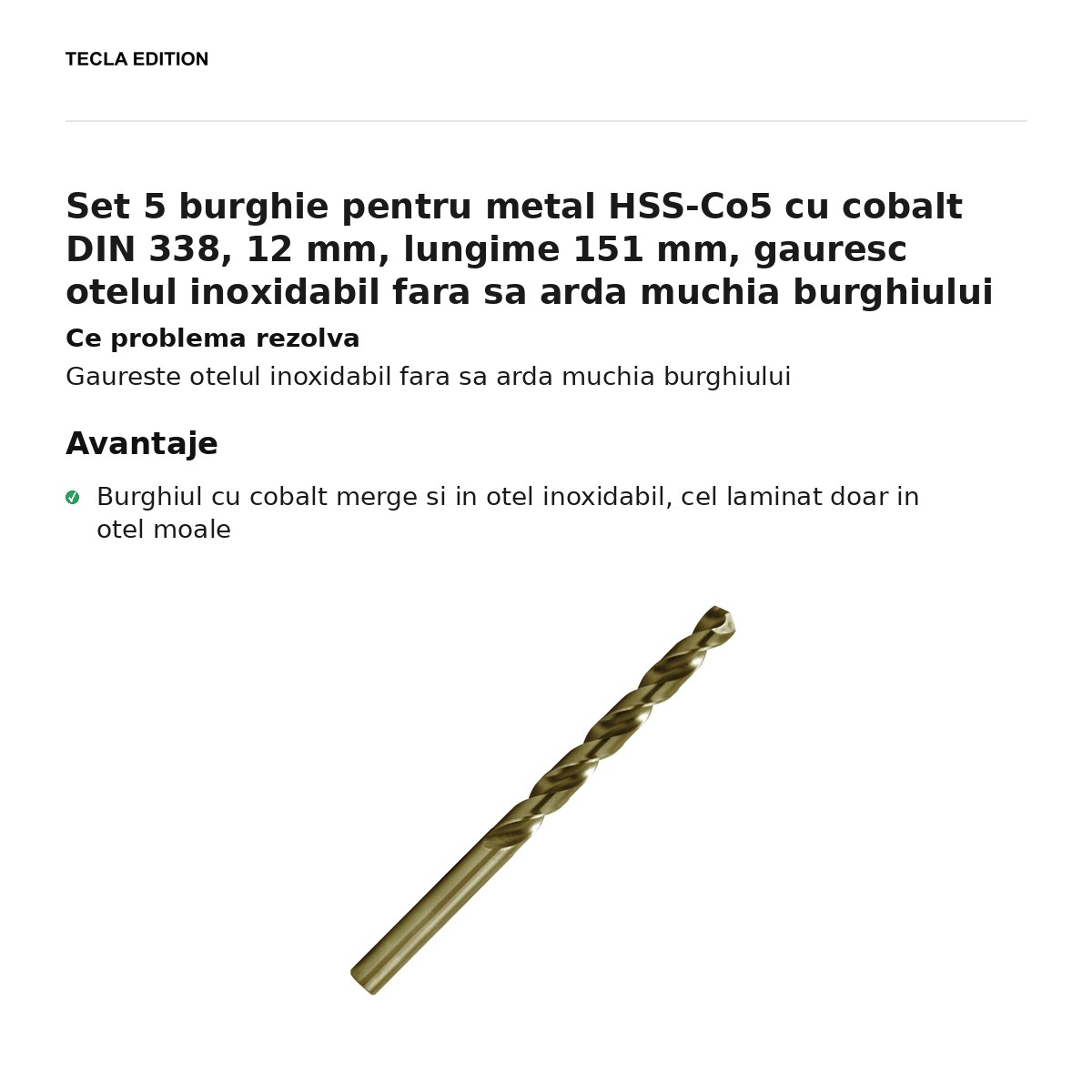 Set 5 burghie pentru metal HSS-Co5 cu cobalt DIN 338, 12 mm, lungime 151 mm, gauresc otelul inoxidabil fara sa arda muchia burghiului [2]