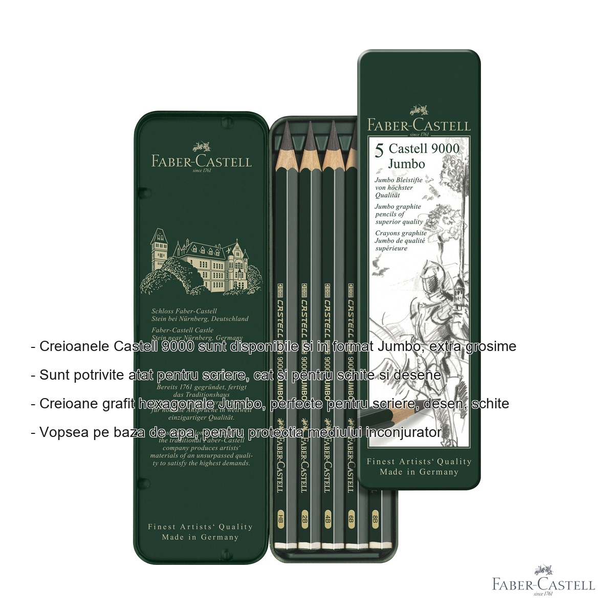 Set 5 creioane grafit Jumbo Faber-Castell Castell 9000, duritate HB-8B, pentru desen si schite [3]