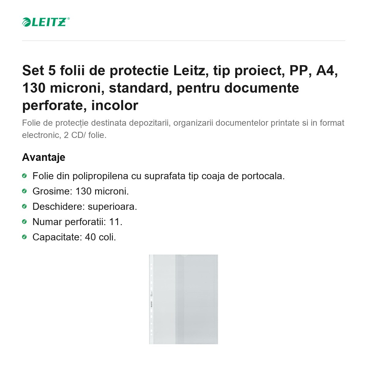Set 5 folii de protectie Leitz, tip proiect, PP, A4, 130 microni, standard, pentru documente perforate, incolor [2]