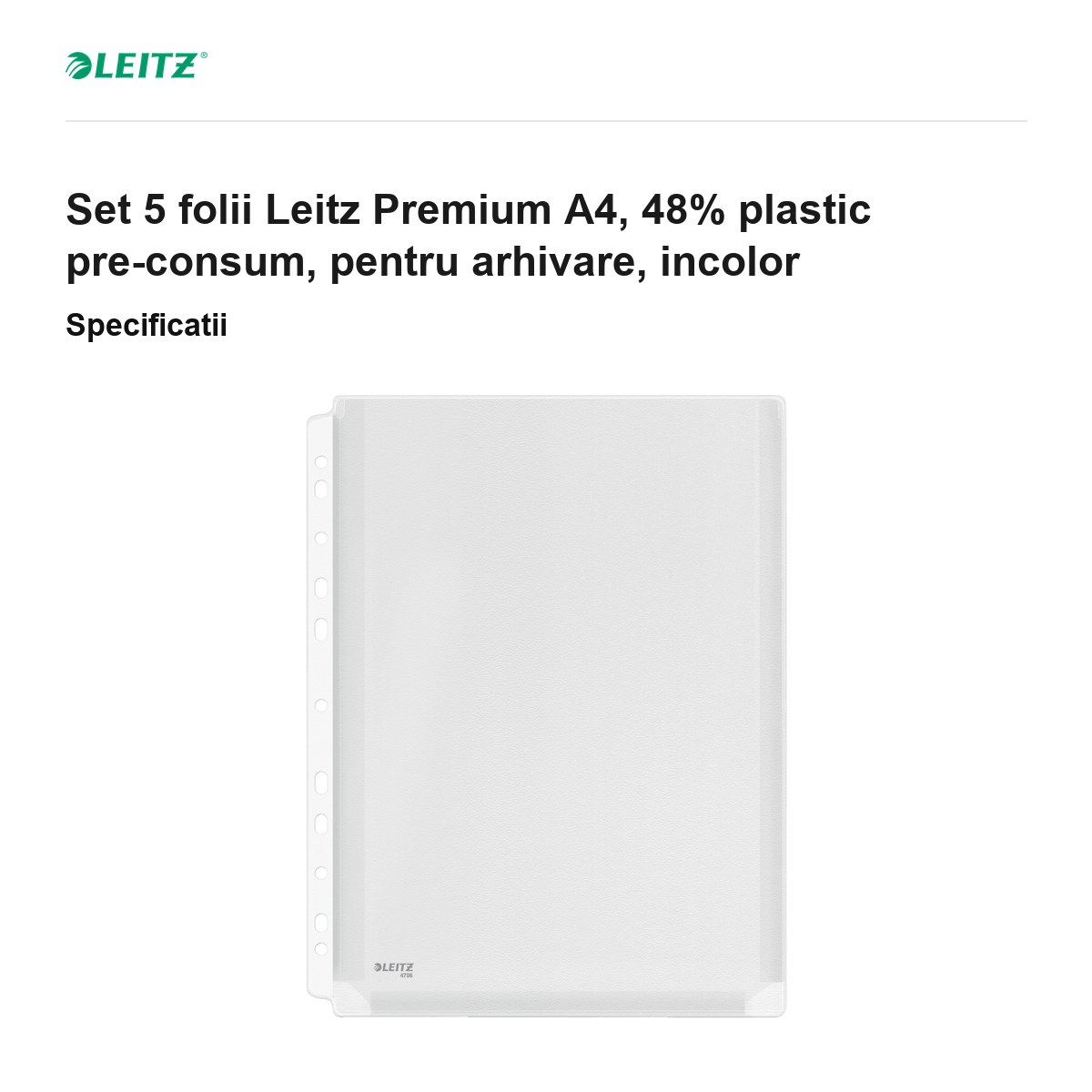 Set 5 folii Leitz Premium A4, 48% plastic pre-consum, pentru arhivare, incolor [3]