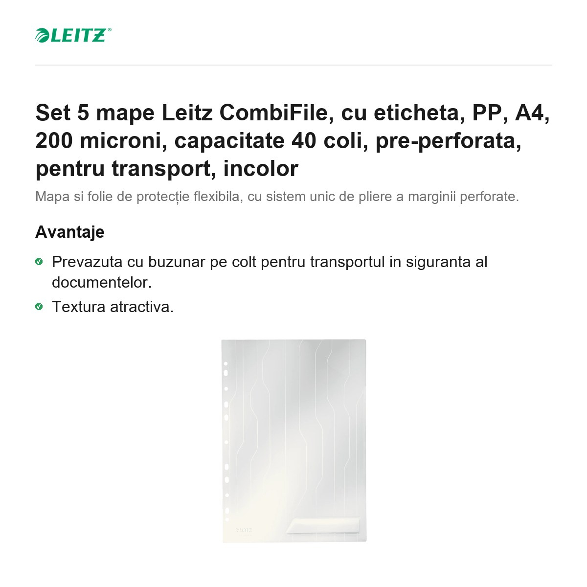 Set 5 mape Leitz CombiFile, cu eticheta, PP, A4, 200 microni, capacitate 40 coli, pre-perforata, pentru transport, incolor [2]