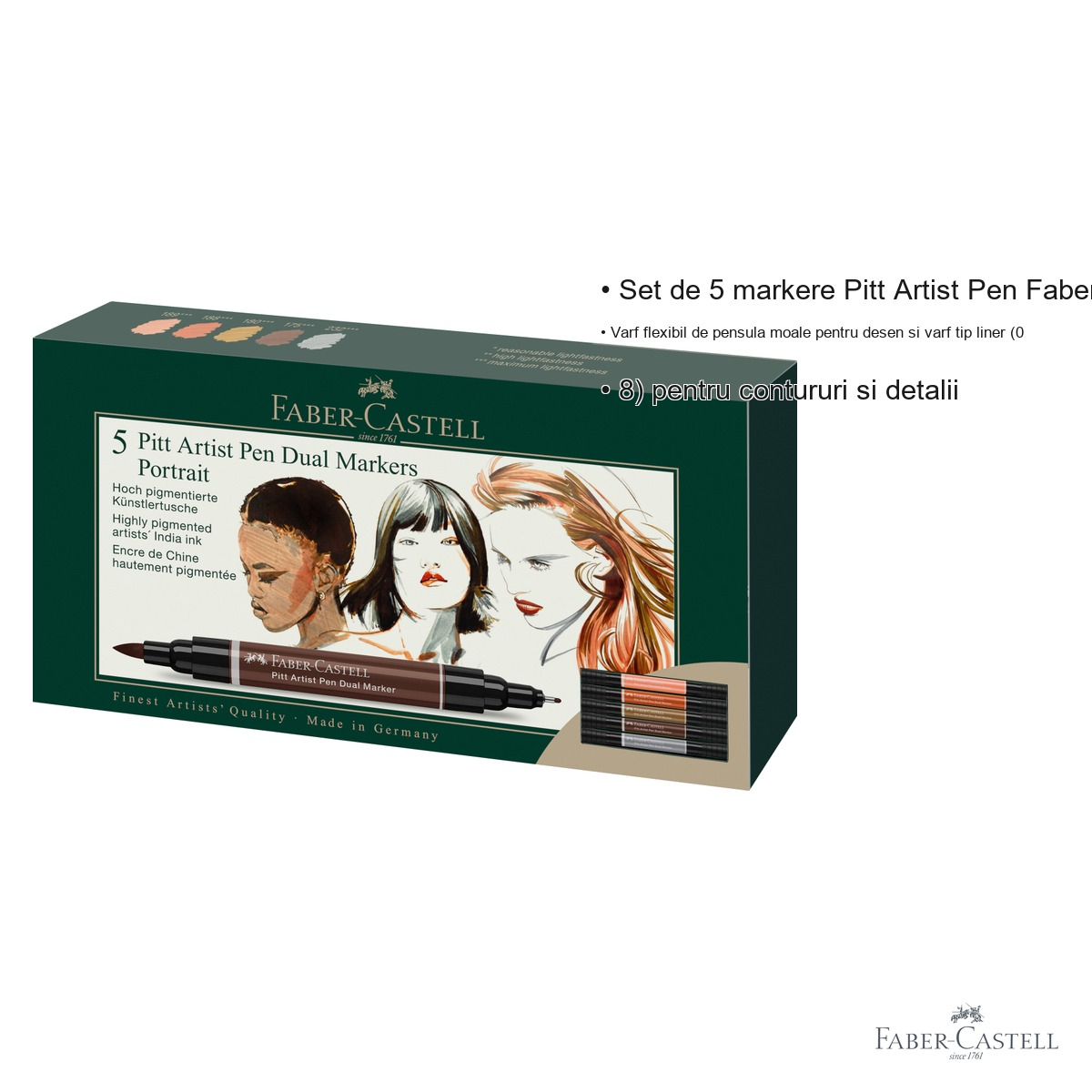 Set 5 markere duale Faber-Castell Pitt Artist Pen, varf pensula si liner, pentru portret si ilustratie [3]