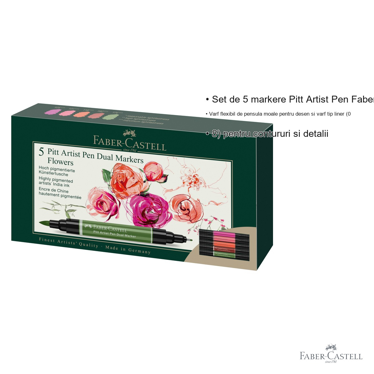 Set 5 markere duble Faber-Castell Pitt Artist Pen, varf pensula si liner, tema Flowers [3]
