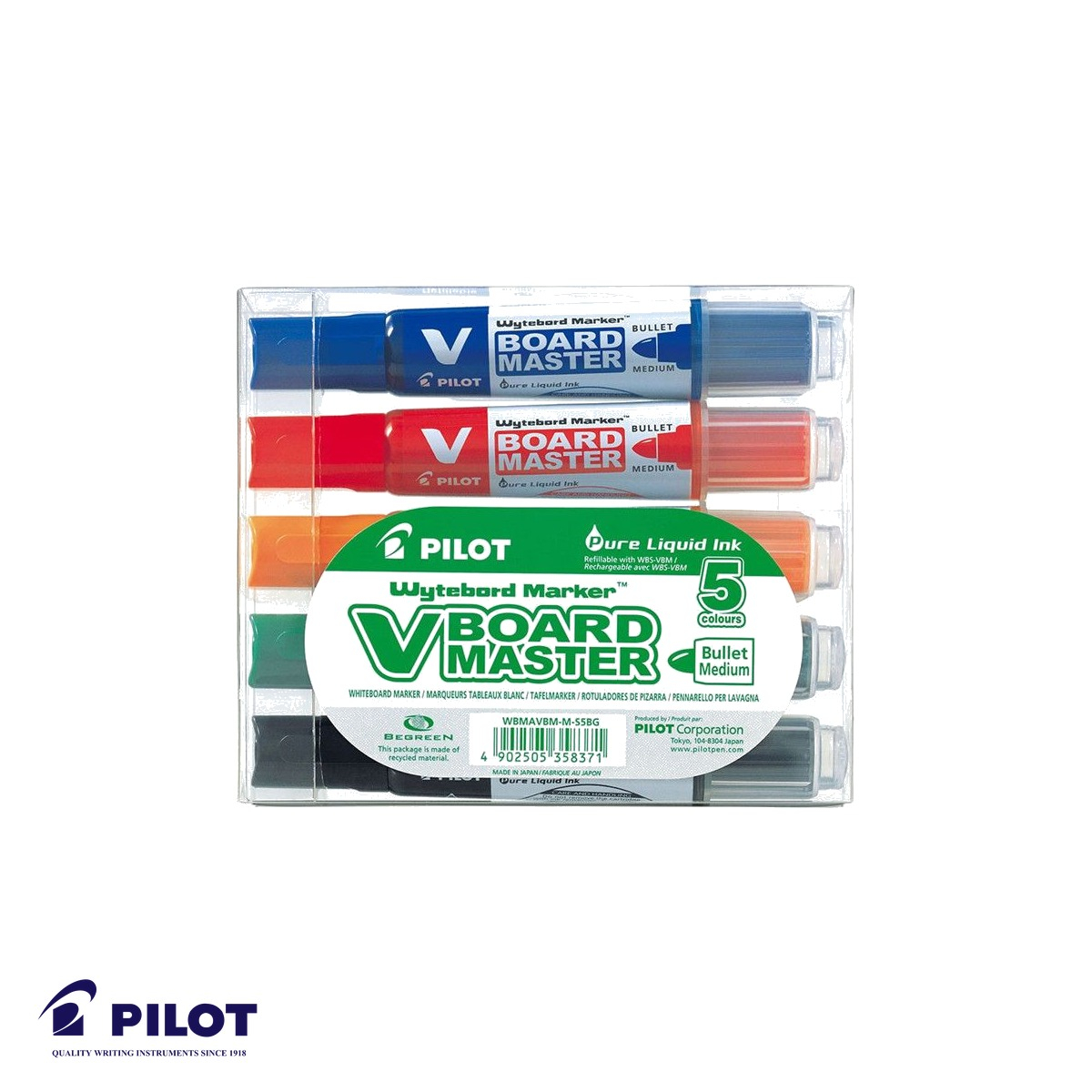 Set 5 markere whiteboard Pilot Vboard, varf rotund 6mm, cerneala lichida reincarcabila, din plastic reciclat [2]