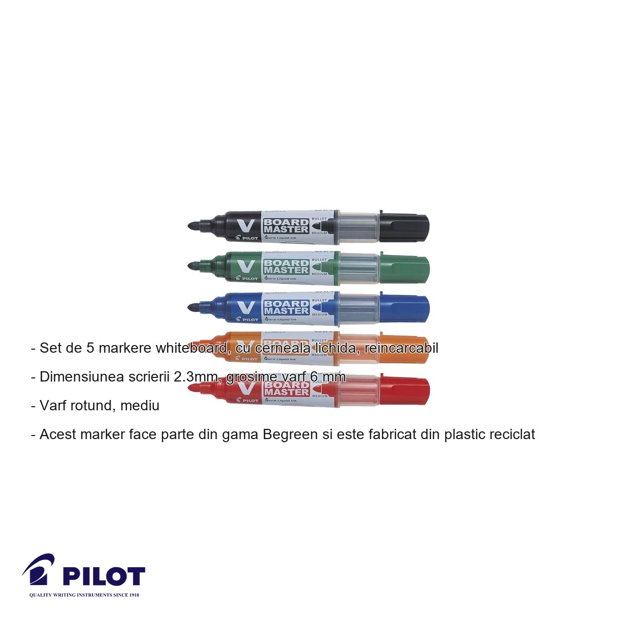 Set 5 markere whiteboard Pilot Vboard, varf rotund 6mm, cerneala lichida reincarcabila, din plastic reciclat [4]