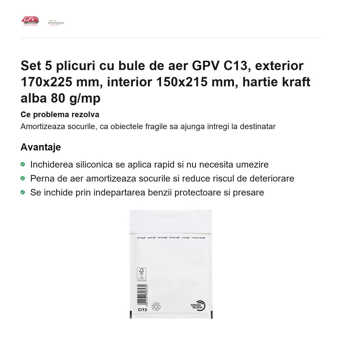 Set 5 plicuri cu bule de aer GPV C13, exterior 170x225 mm, interior 150x215 mm, hartie kraft alba 80 g/mp [2]