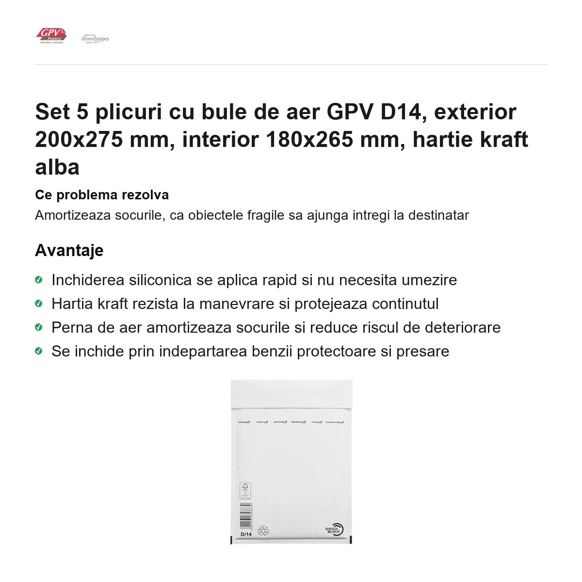 Set 5 plicuri cu bule de aer GPV D14, exterior 200x275 mm, interior 180x265 mm, hartie kraft alba [2]