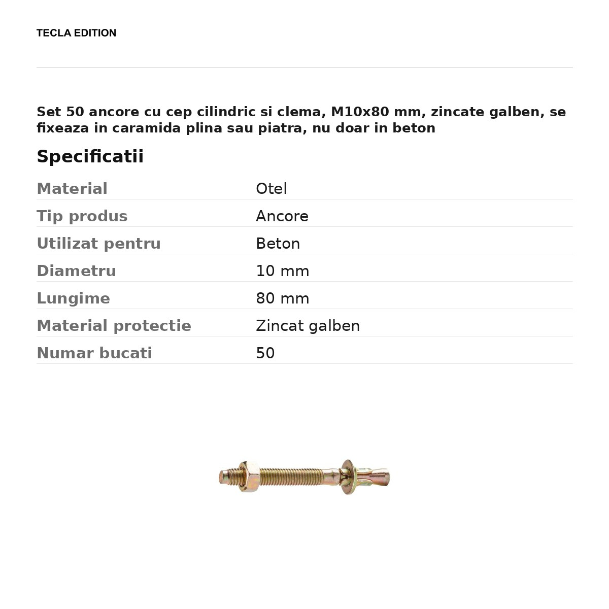 Set 50 ancore cu cep cilindric si clema, M10x80 mm, zincate galben, se fixeaza in caramida plina sau piatra, nu doar in beton [3]