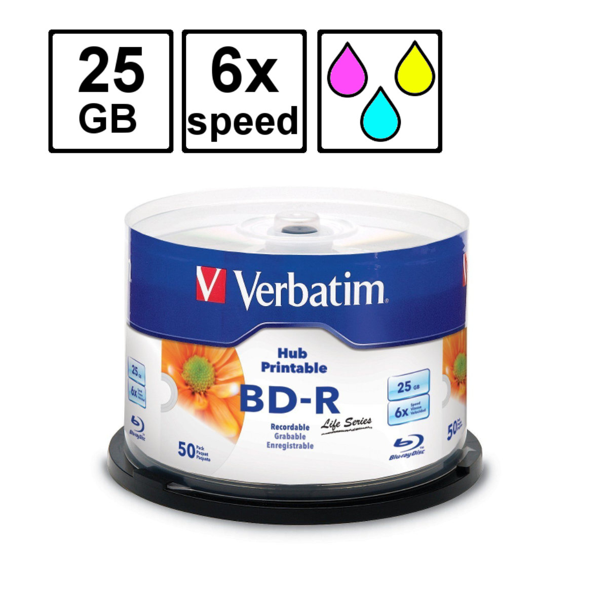 Set 50 Blu Ray BD-R Verbatim Life Series 98191, 25 Gb, 6X, Printabil inkjet, ambalat cake box [2]