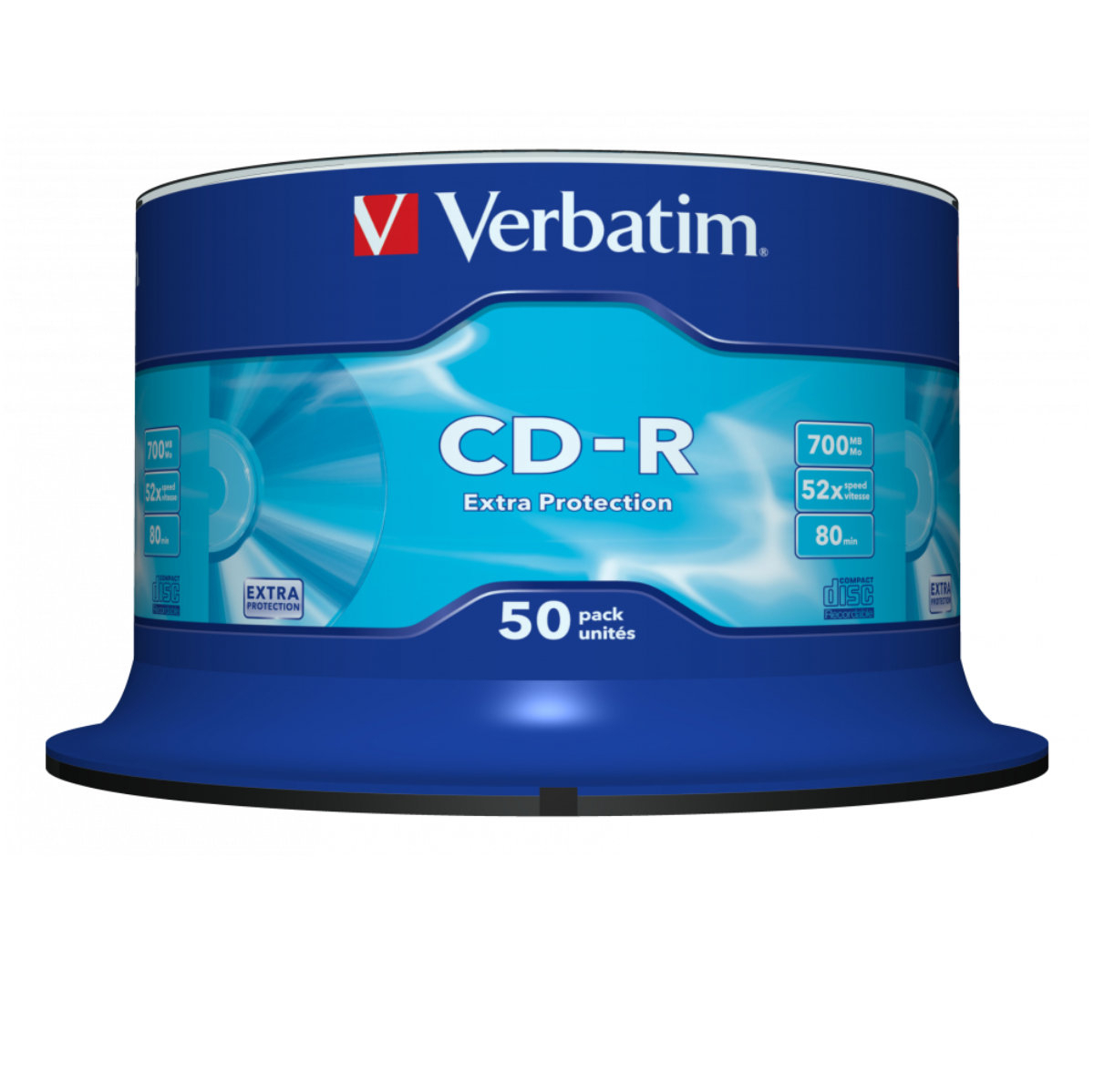 Set 50 CD-R 52X 700 Mb , Verbatim Extra Protection 43351 , inscriptibil , cu logo , ambalare cake box [6]
