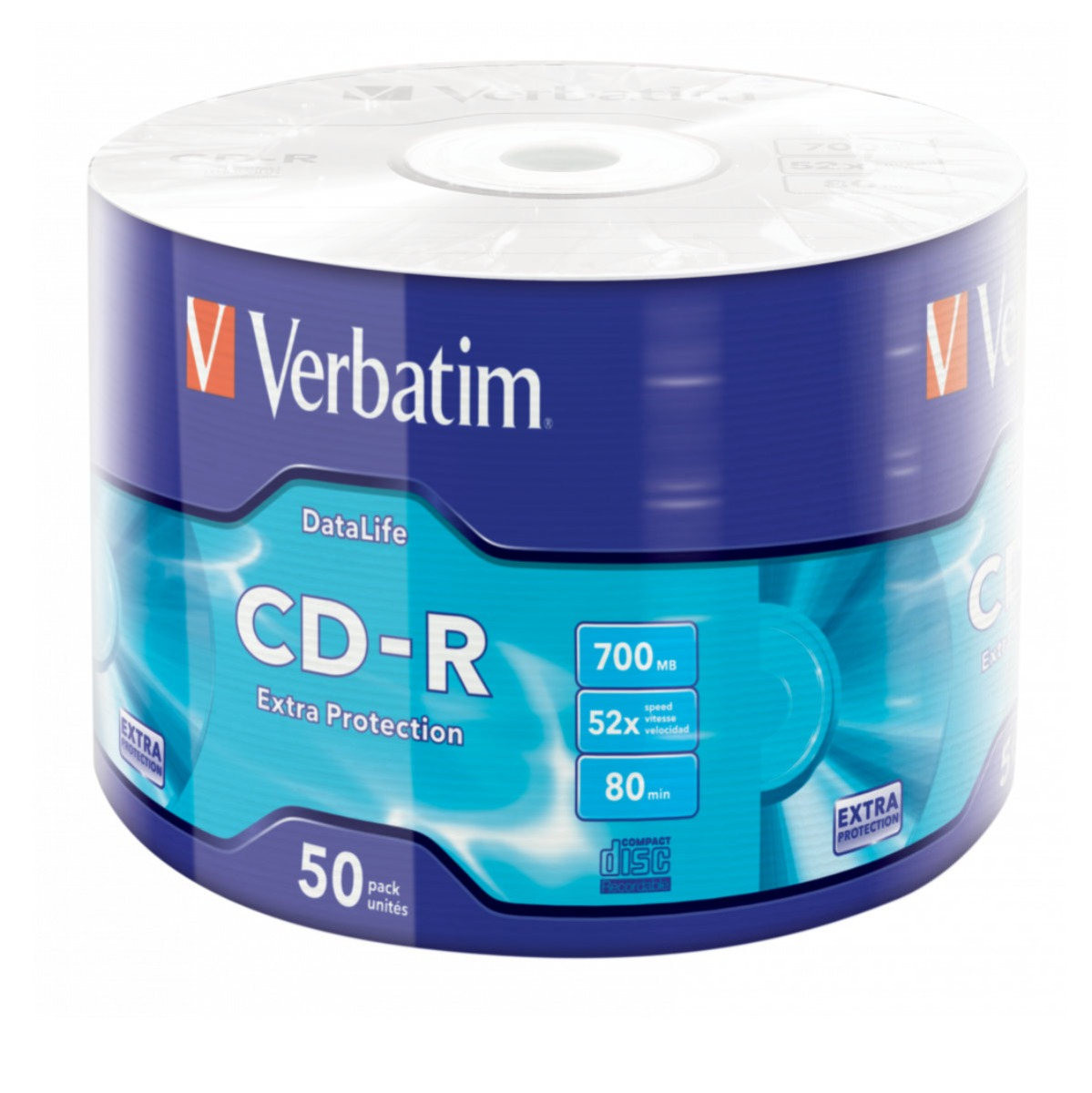 Set 50 CD-R 52X 700 Mb , Verbatim Extra Protection 43787 , inscriptibil , cu logo , ambalare folie [4]