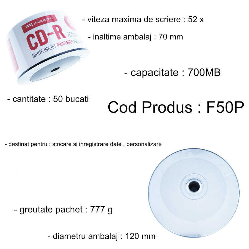 Set 50 CD-R Printabil alb Full, 52X, Fiesta, 700 MB, Extra Protection Layer [5]