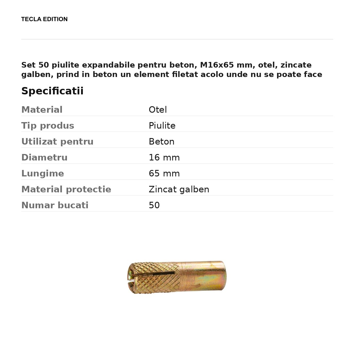 Set 50 piulite expandabile pentru beton, M16x65 mm, otel, zincate galben, prind in beton un element filetat acolo unde nu se poate face filet direct [3]