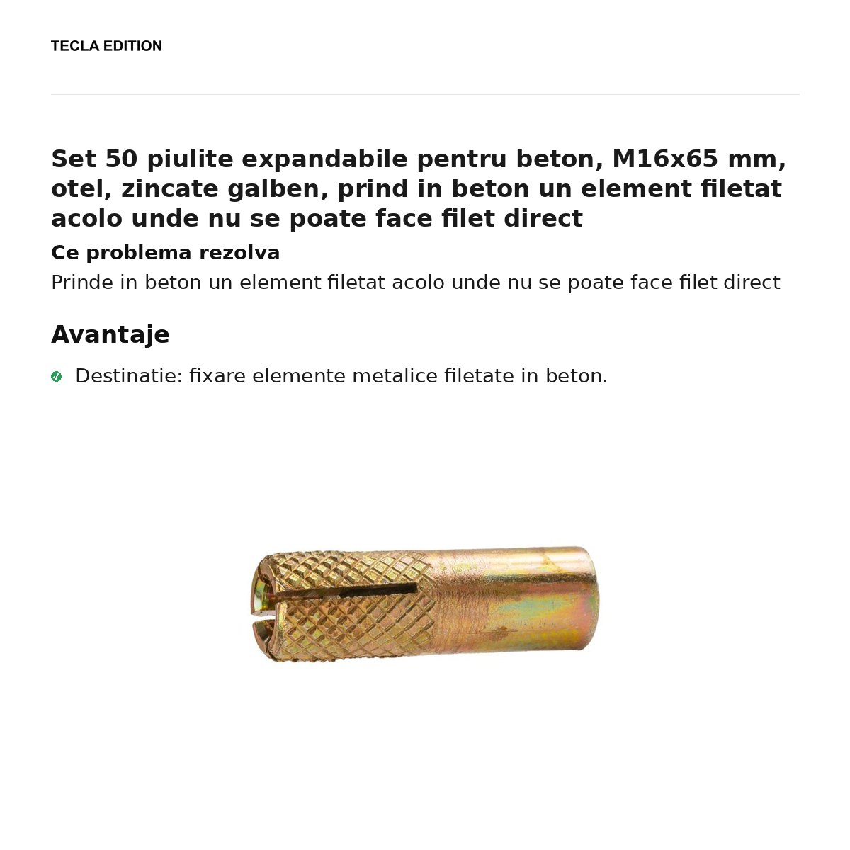 Set 50 piulite expandabile pentru beton, M16x65 mm, otel, zincate galben, prind in beton un element filetat acolo unde nu se poate face filet direct [2]