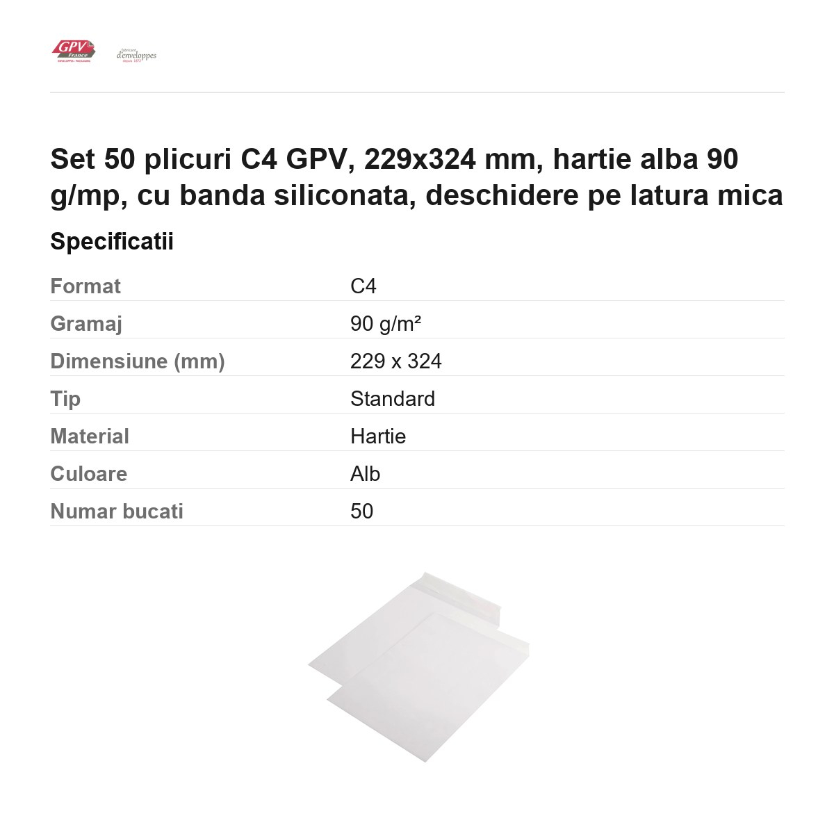 Set 50 plicuri C4 GPV, 229x324 mm, hartie alba 90 g/mp, cu banda siliconata, deschidere pe latura mica [3]