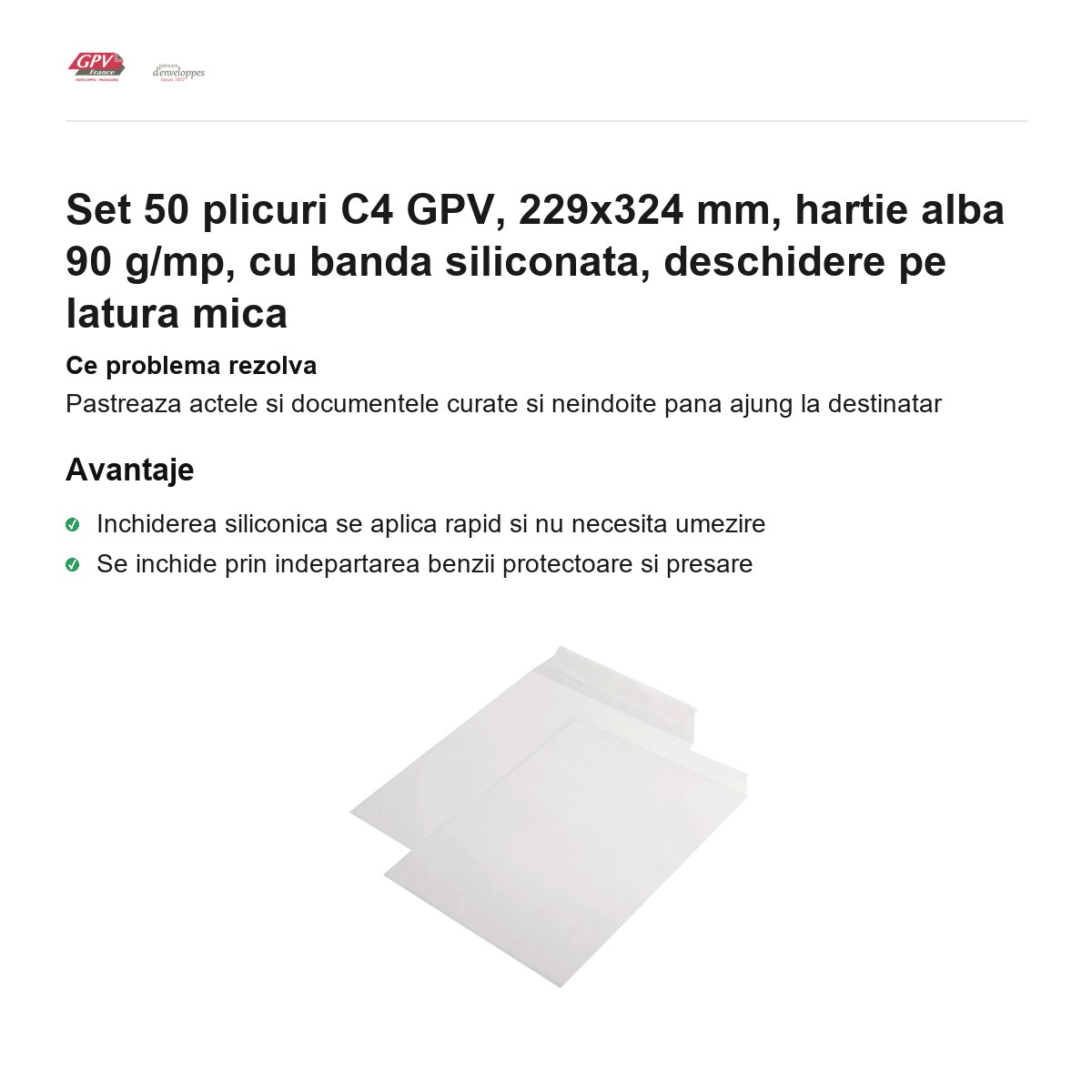 Set 50 plicuri C4 GPV, 229x324 mm, hartie alba 90 g/mp, cu banda siliconata, deschidere pe latura mica [2]