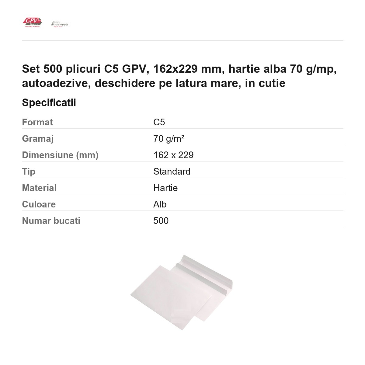 Set 500 plicuri C5 GPV, 162x229 mm, hartie alba 70 g/mp, autoadezive, deschidere pe latura mare, in cutie [3]