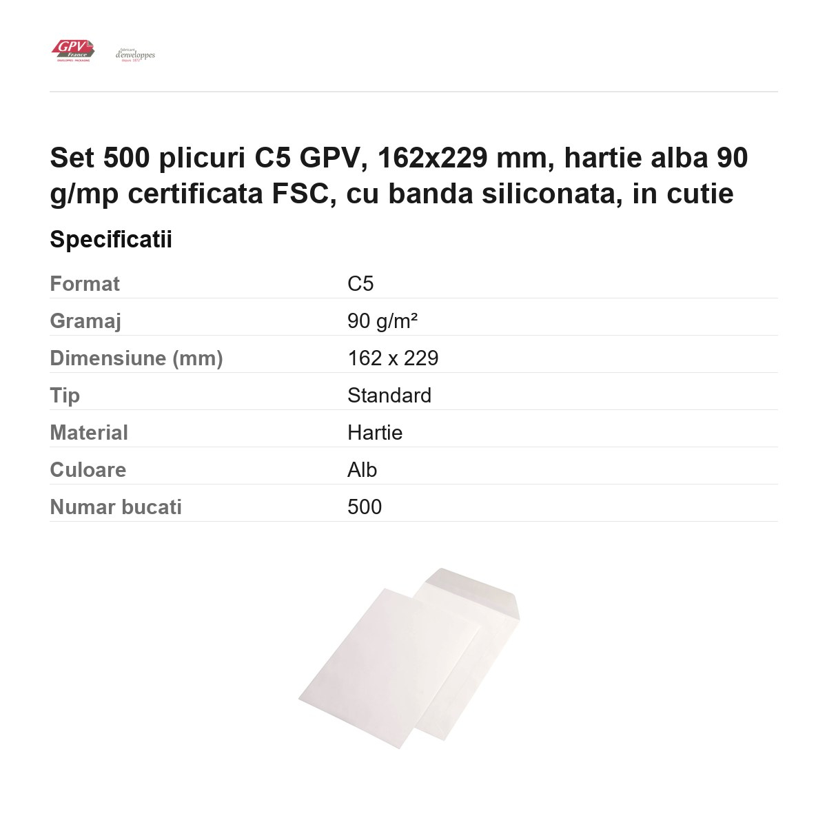 Set 500 plicuri C5 GPV, 162x229 mm, hartie alba 90 g/mp certificata FSC, cu banda siliconata, in cutie [3]
