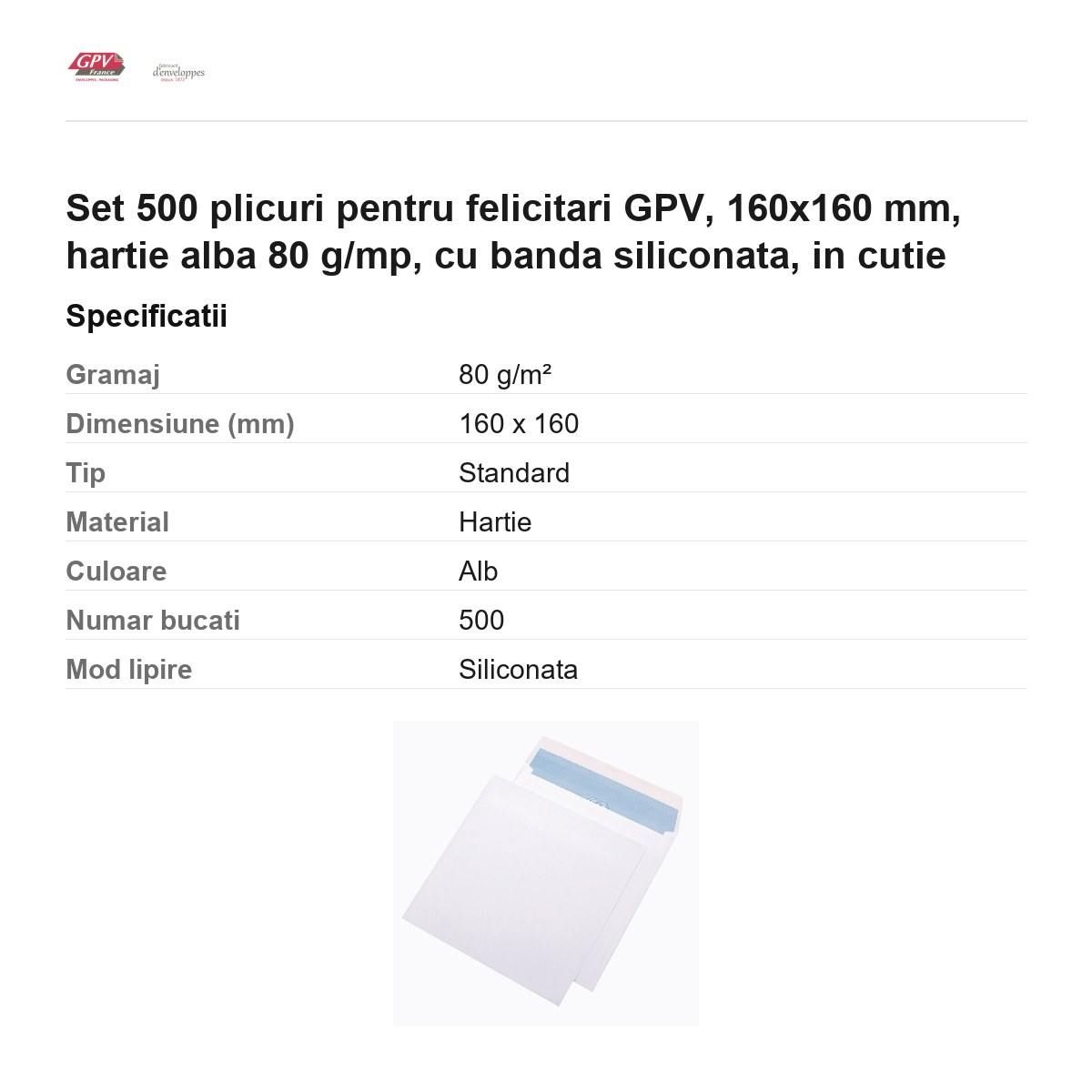 Set 500 plicuri pentru felicitari GPV, 160x160 mm, hartie alba 80 g/mp, cu banda siliconata, in cutie [3]