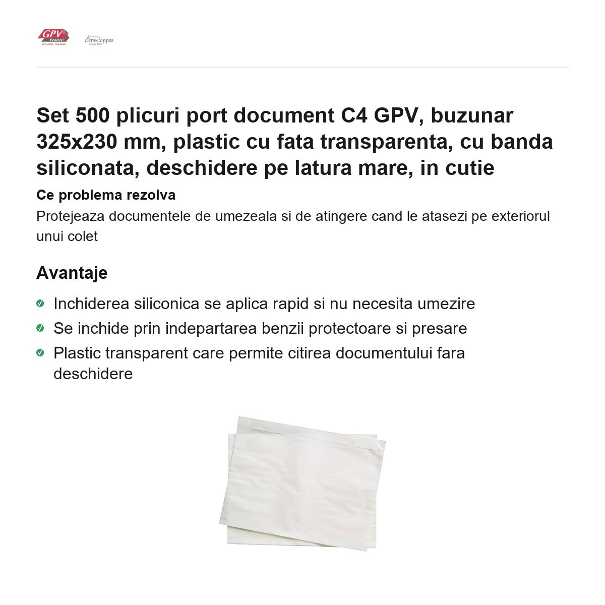 Set 500 plicuri port document C4 GPV, buzunar 325x230 mm, plastic cu fata transparenta, cu banda siliconata, deschidere pe latura mare, in cutie [2]
