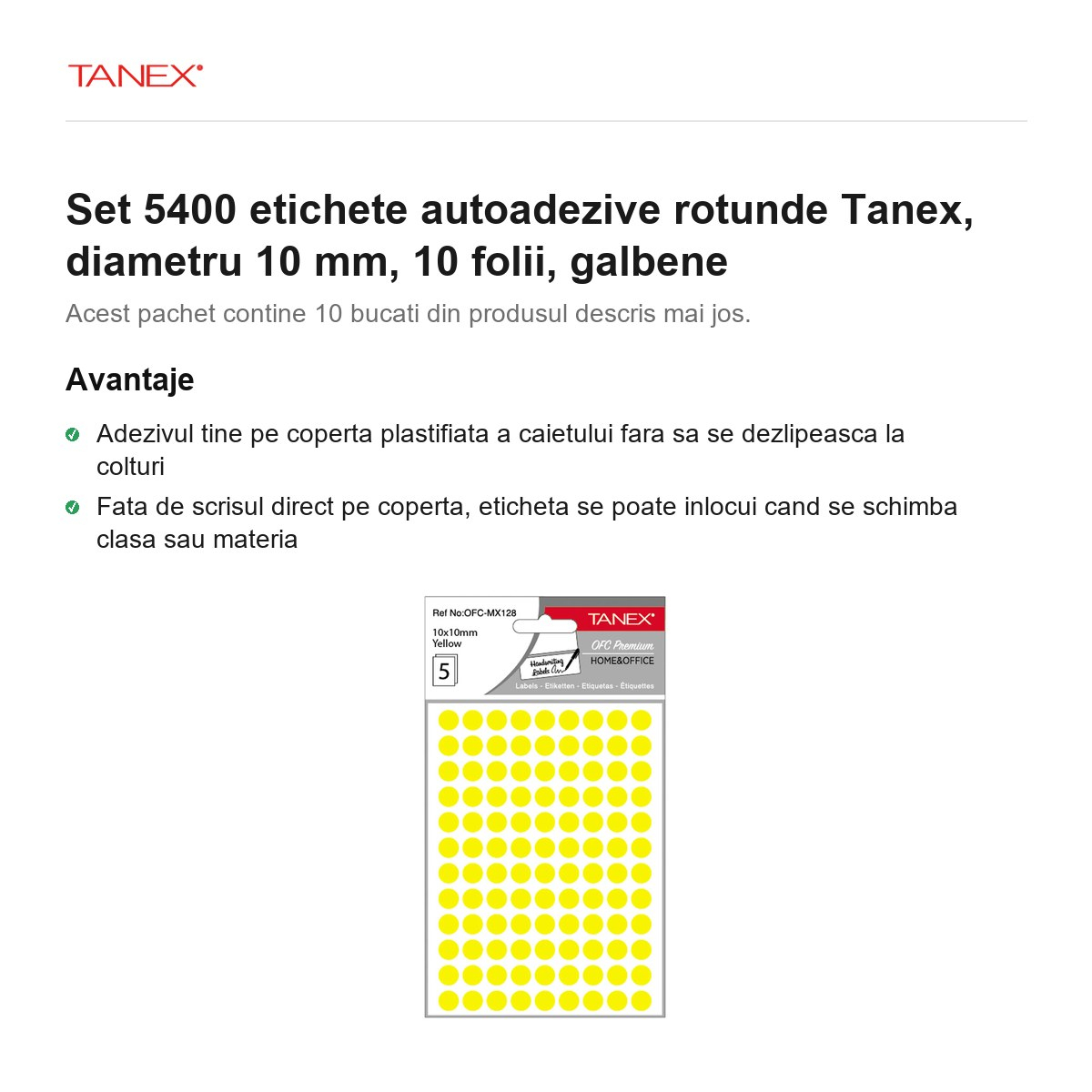 Set 5400 etichete autoadezive rotunde Tanex, diametru 10 mm, 10 seturi, galbene [2]