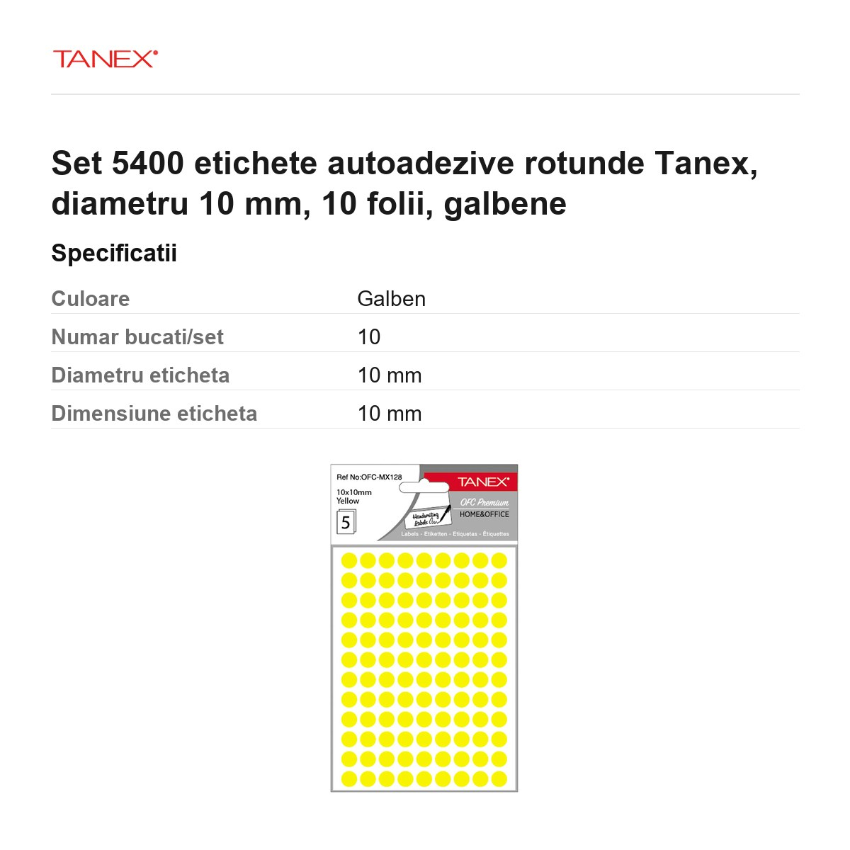 Set 5400 etichete autoadezive rotunde Tanex, diametru 10 mm, 10 seturi, galbene [3]