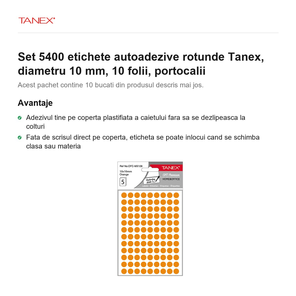 Set 5400 etichete autoadezive rotunde Tanex, diametru 10 mm, 10 seturi, portocalii [2]
