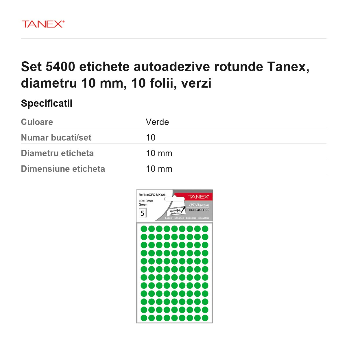 Set 5400 etichete autoadezive rotunde Tanex, diametru 10 mm, 10 seturi, verzi [3]
