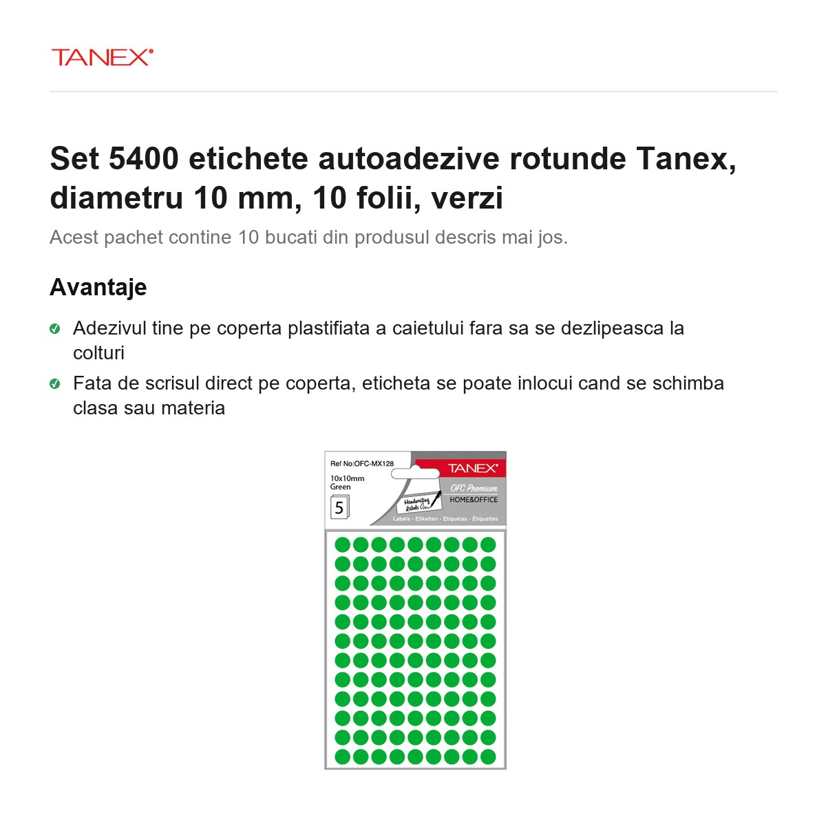 Set 5400 etichete autoadezive rotunde Tanex, diametru 10 mm, 10 seturi, verzi [2]