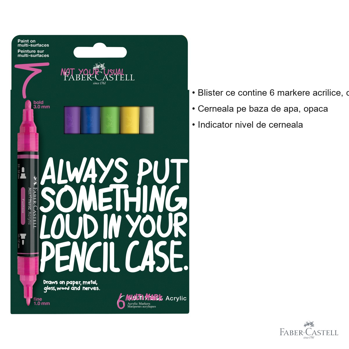 Set 6 markere acrilice Faber-Castell Multimark, varf dublu, culori intense, pentru multiple suprafete [3]