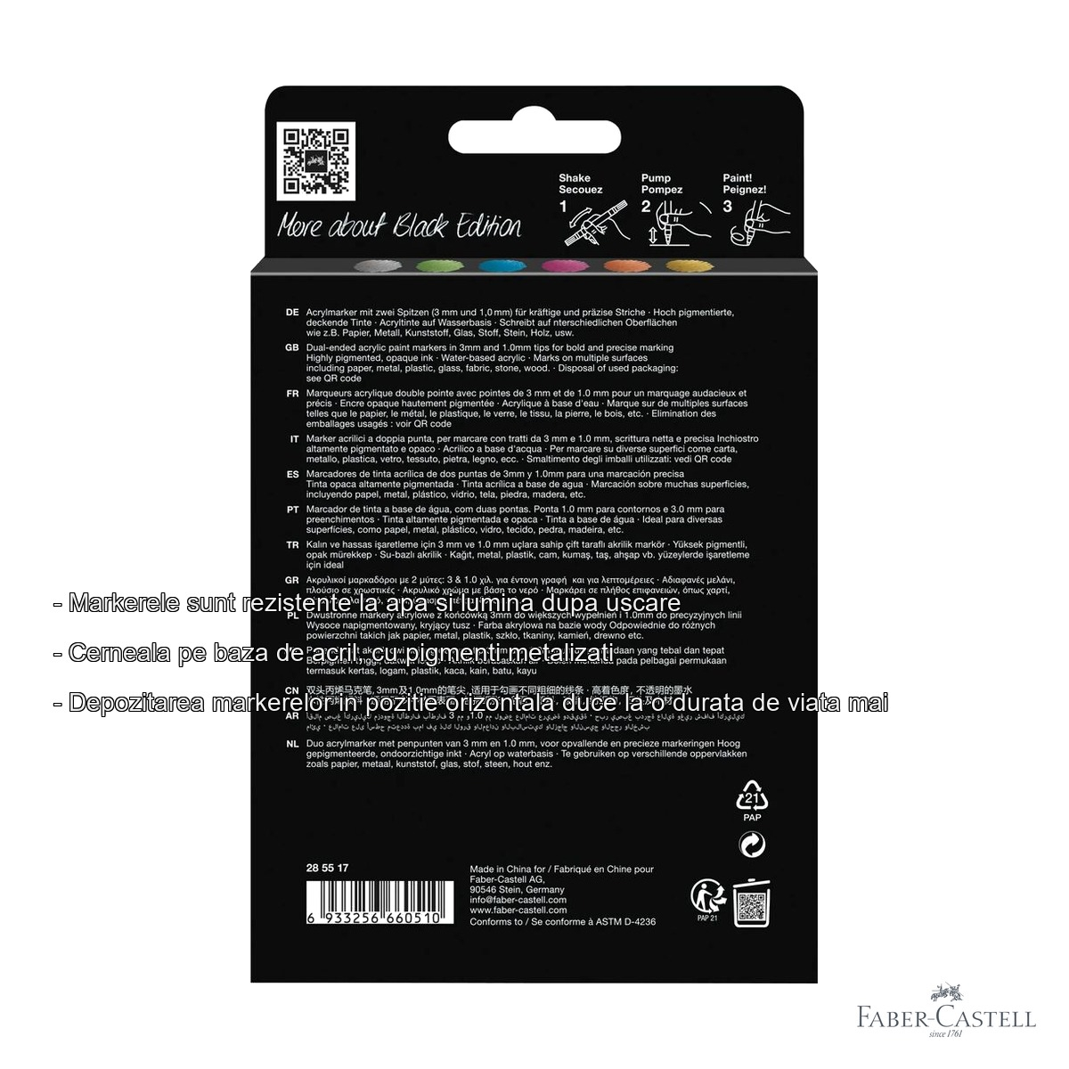 Set 6 markere acrilice Faber-Castell Shake&Paint, culori metalizate, varf dublu, pentru diverse suprafete [2]