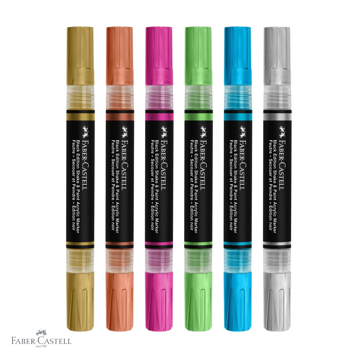 Set 6 markere acrilice Faber-Castell Shake&Paint, culori metalizate, varf dublu, pentru diverse suprafete [4]
