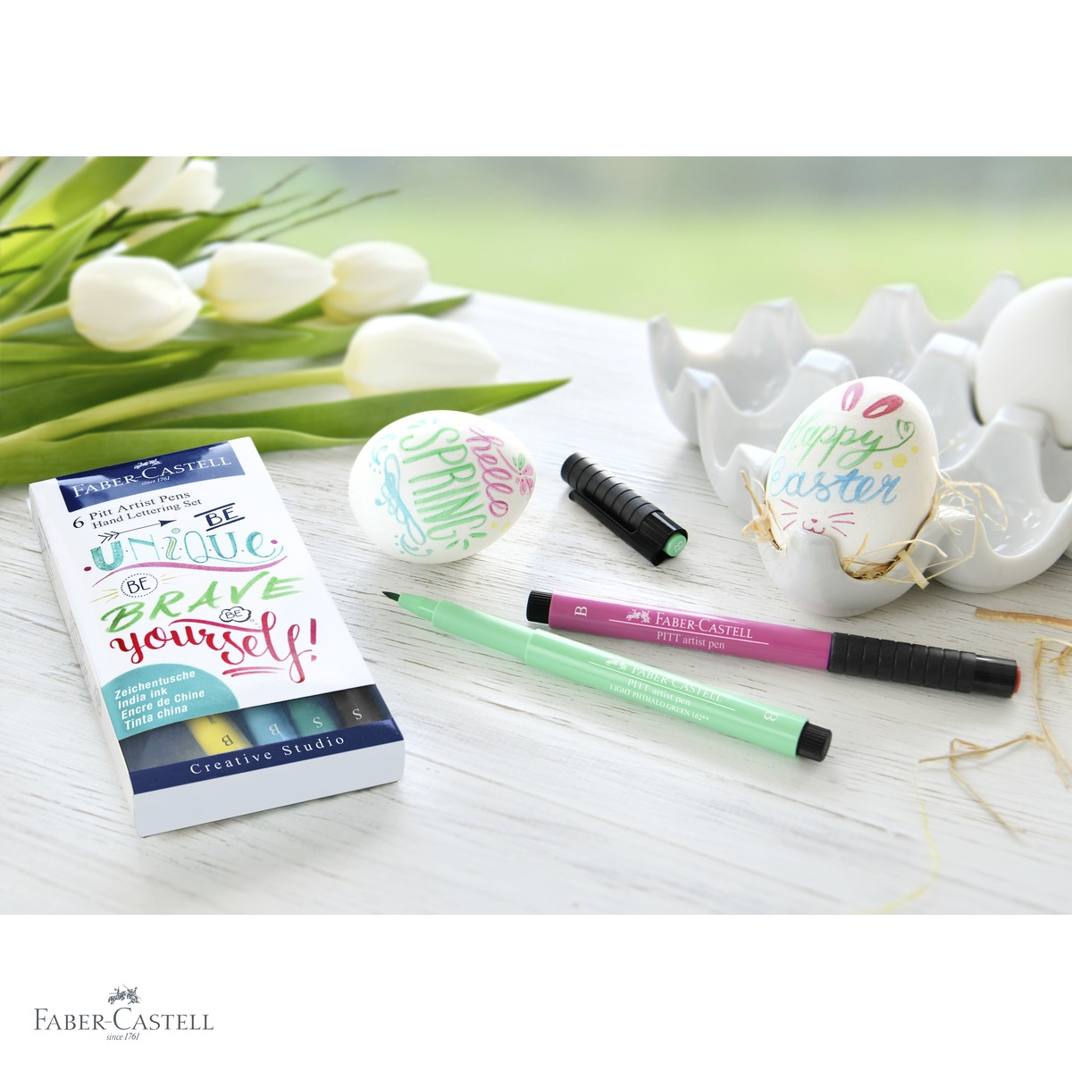 Set 6 markere caligrafice Faber-Castell Pitt Artist Pen, culori pastel, varf pensula si liner, pentru desen artistic [4]