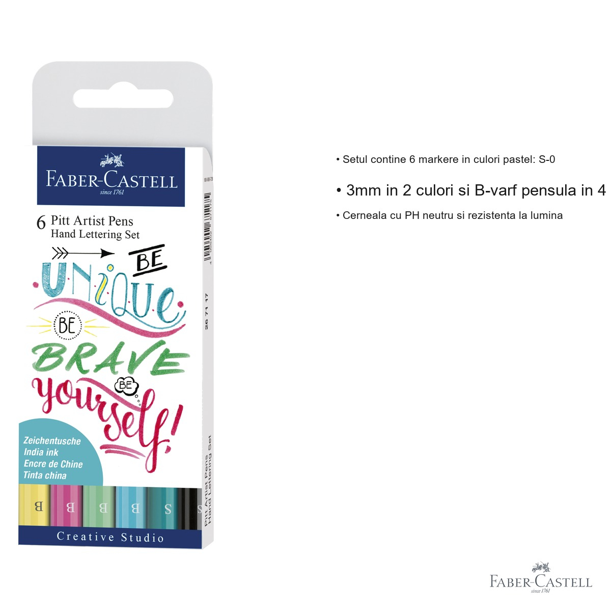 Set 6 markere caligrafice Faber-Castell Pitt Artist Pen, culori pastel, varf pensula si liner, pentru desen artistic [3]