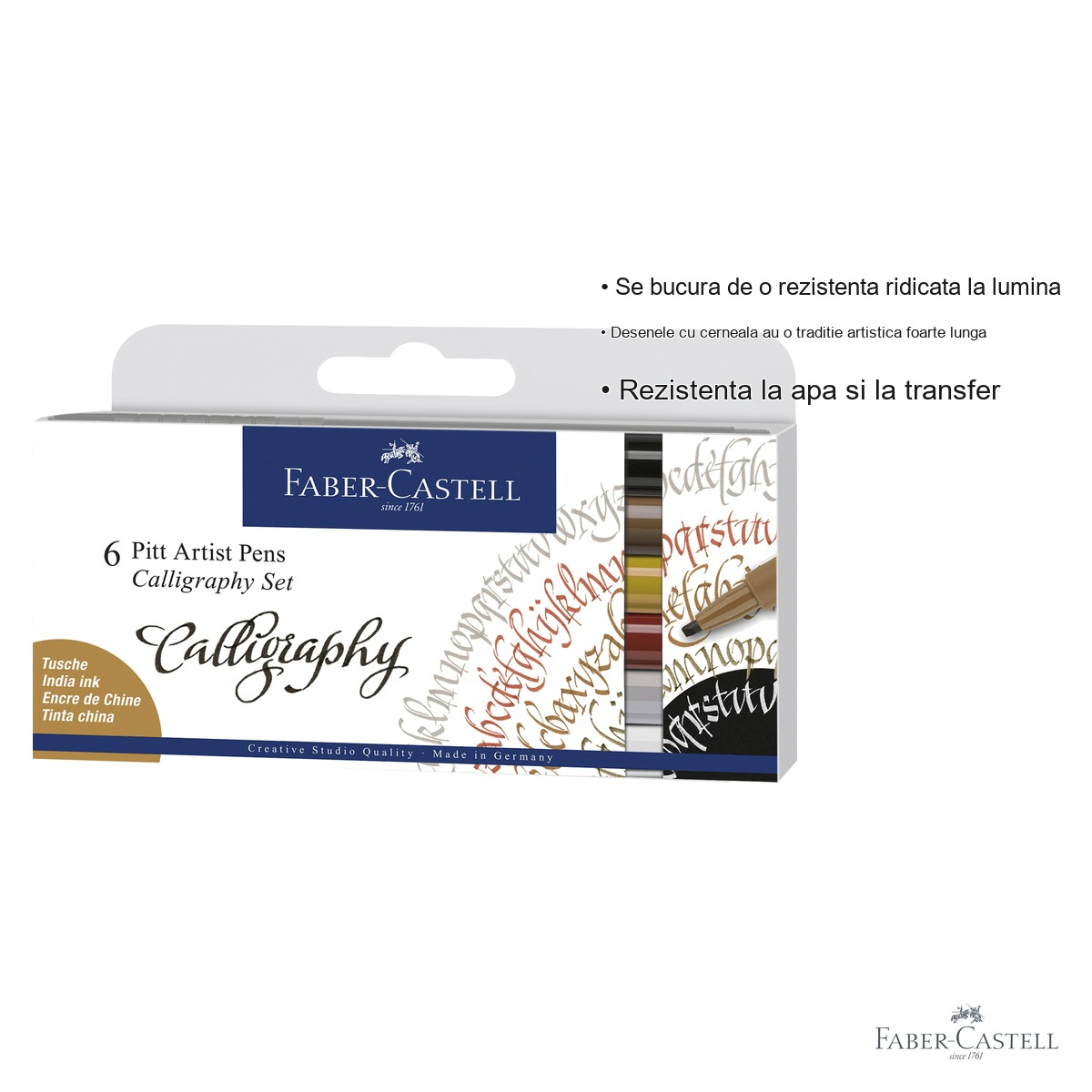 Set 6 markere caligrafice Faber-Castell Pitt Artist Pen, varf caligrafic 2.5 mm, cerneala pigmentata rezistenta la apa [3]