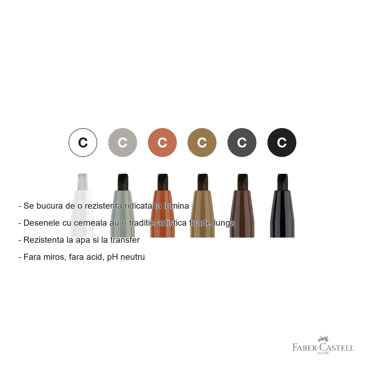 Set 6 markere caligrafice Faber-Castell Pitt Artist Pen, varf caligrafic 2.5 mm, cerneala pigmentata rezistenta la apa [2]