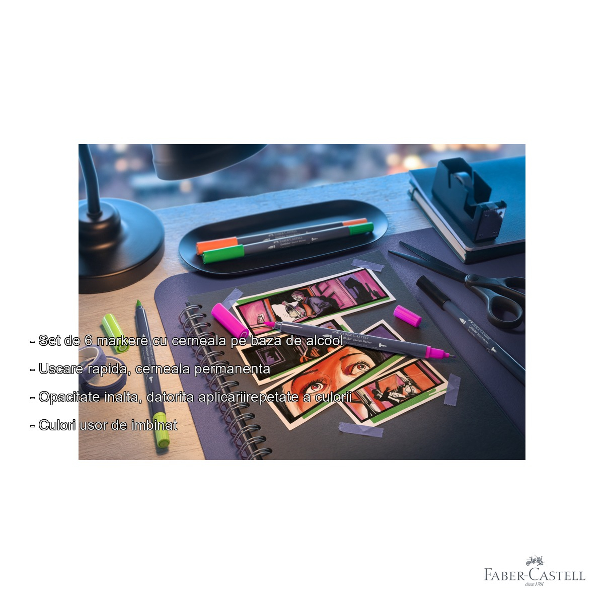 Set 6 markere cu 2 capete Faber-Castell Goldfaber, cerneala alcool, pentru design auto si ilustratie [2]