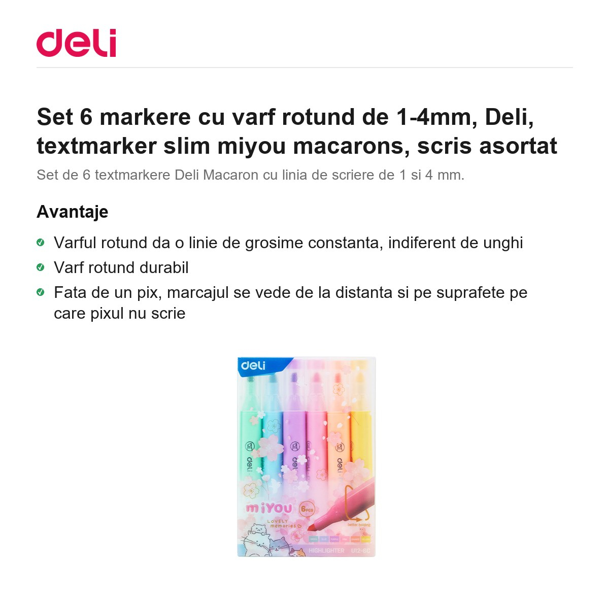 Set 6 markere cu varf rotund de 1-4mm, Deli, textmarker slim miyou macarons, scris asortat [2]