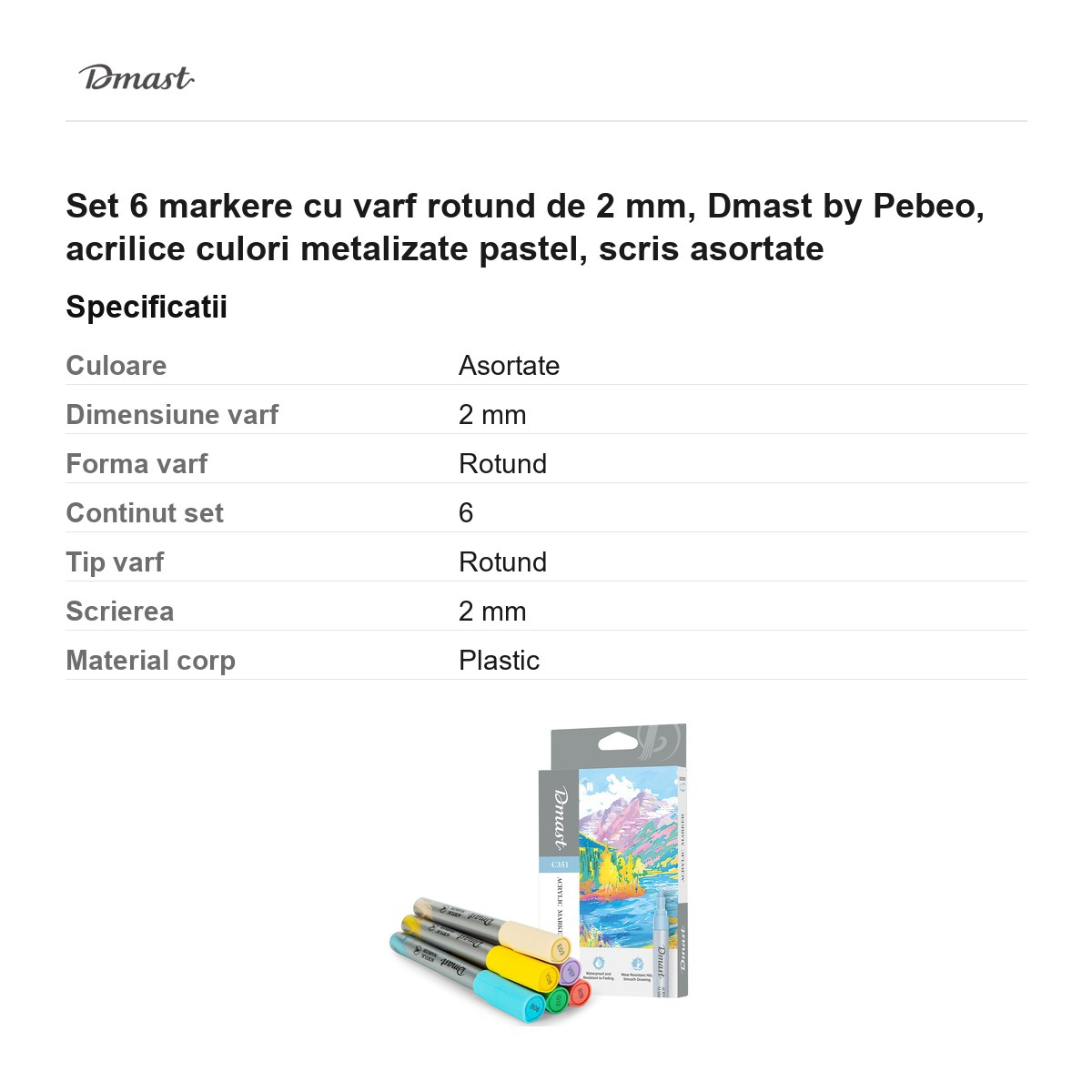 Set 6 markere cu varf rotund de 2 mm, Dmast by Pebeo, acrilice culori metalizate pastel, scris asortate [3]