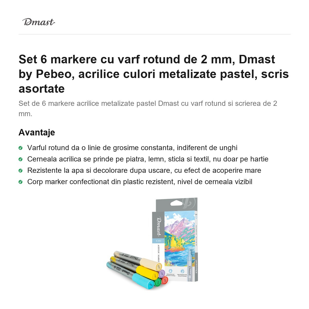 Set 6 markere cu varf rotund de 2 mm, Dmast by Pebeo, acrilice culori metalizate pastel, scris asortate [2]