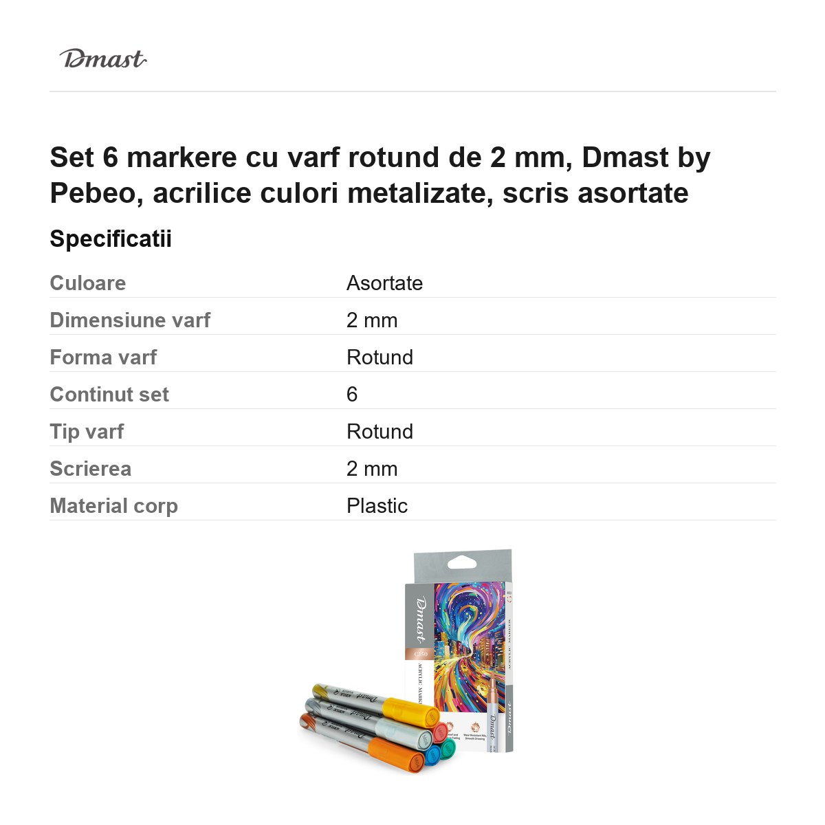 Set 6 markere cu varf rotund de 2 mm, Dmast by Pebeo, acrilice culori metalizate, scris asortate [3]